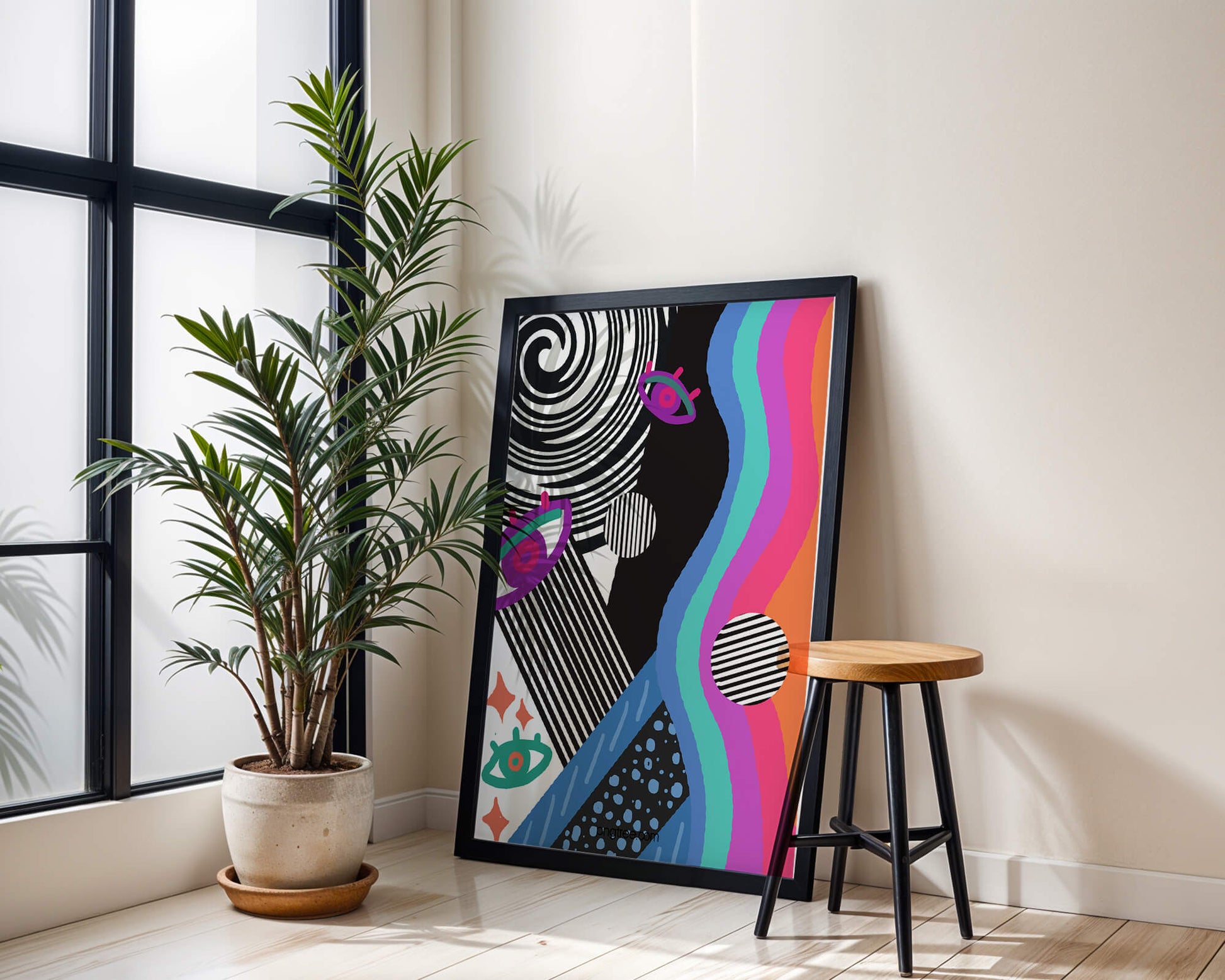 Colorful abstract art with geometric patterns and vibrant shapes