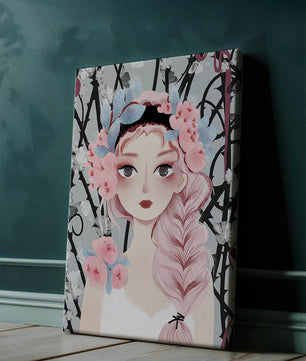 Illustration of a girl with floral headpiece against abstract floral background