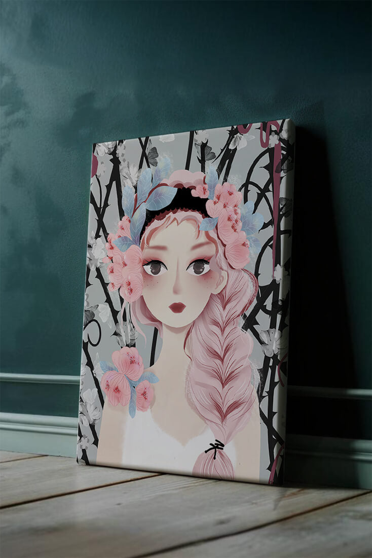 Illustration of a girl with floral headpiece against abstract floral background