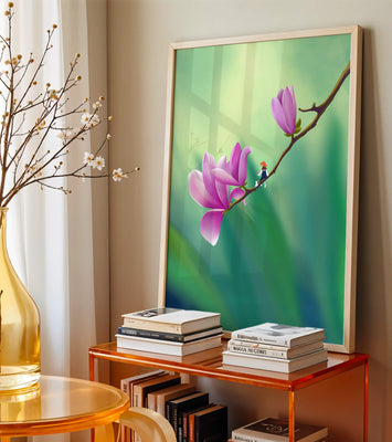 Serene illustration of magnolia flowers with a small figure in a hat