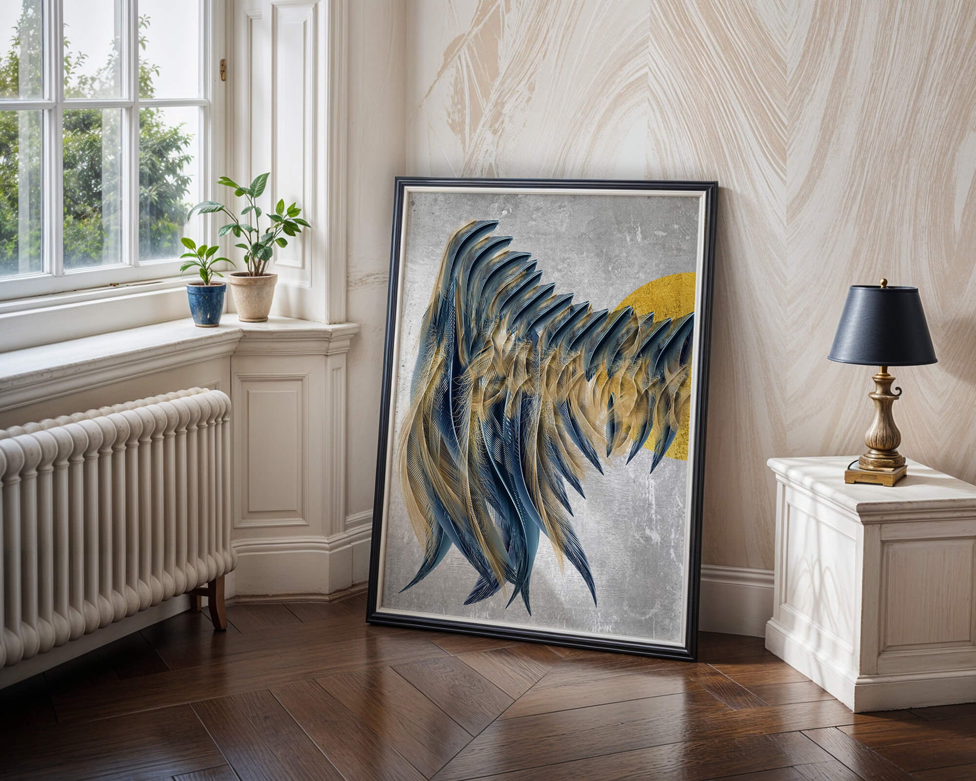 Arte abstracto de plumas con detalles dorados sobre fondo texturizado