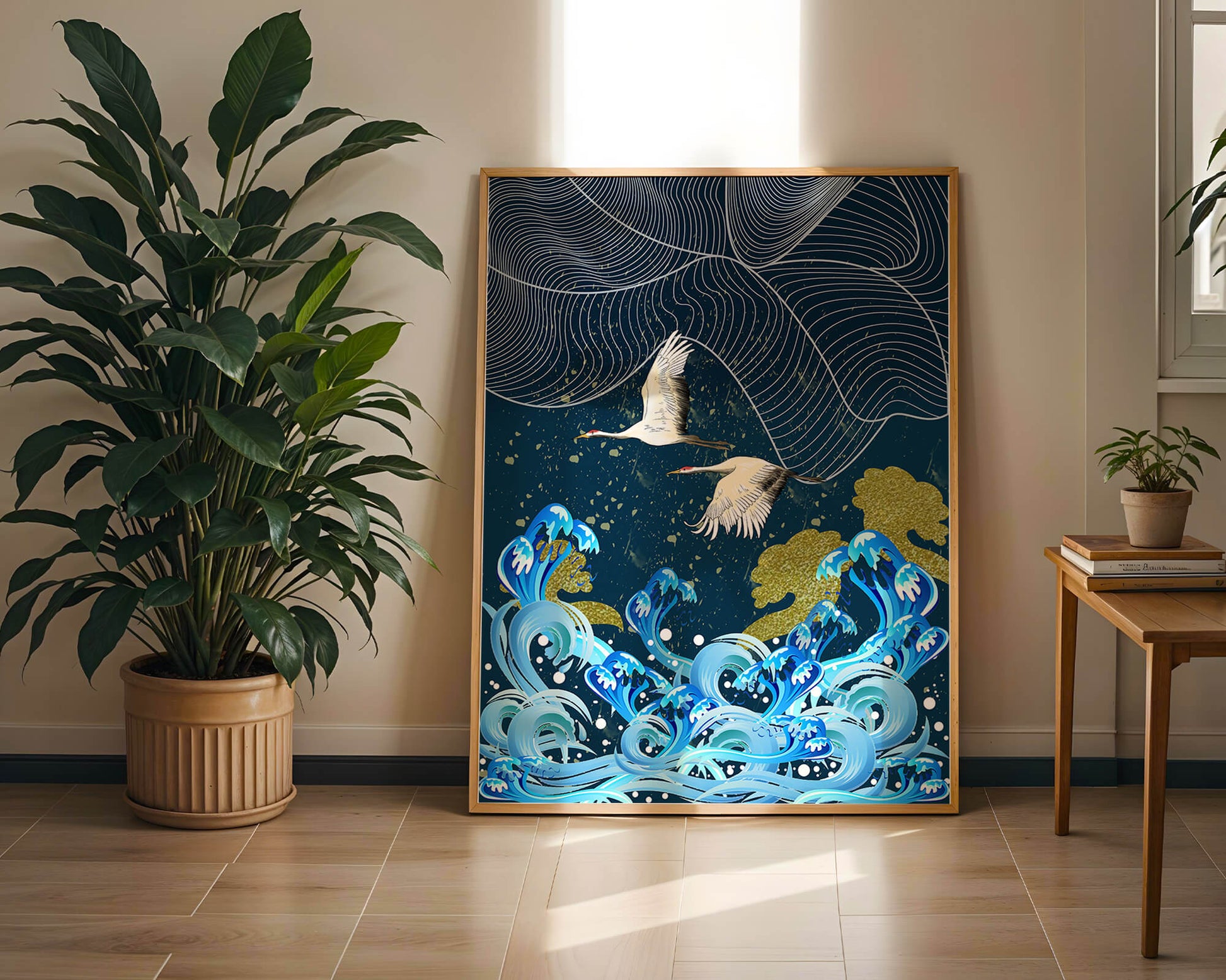Elegant Cranes Flying Over Golden Waves and Artistic Ocean