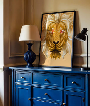 Lion Face with Intricate Golden Pattern and Flowing Mane