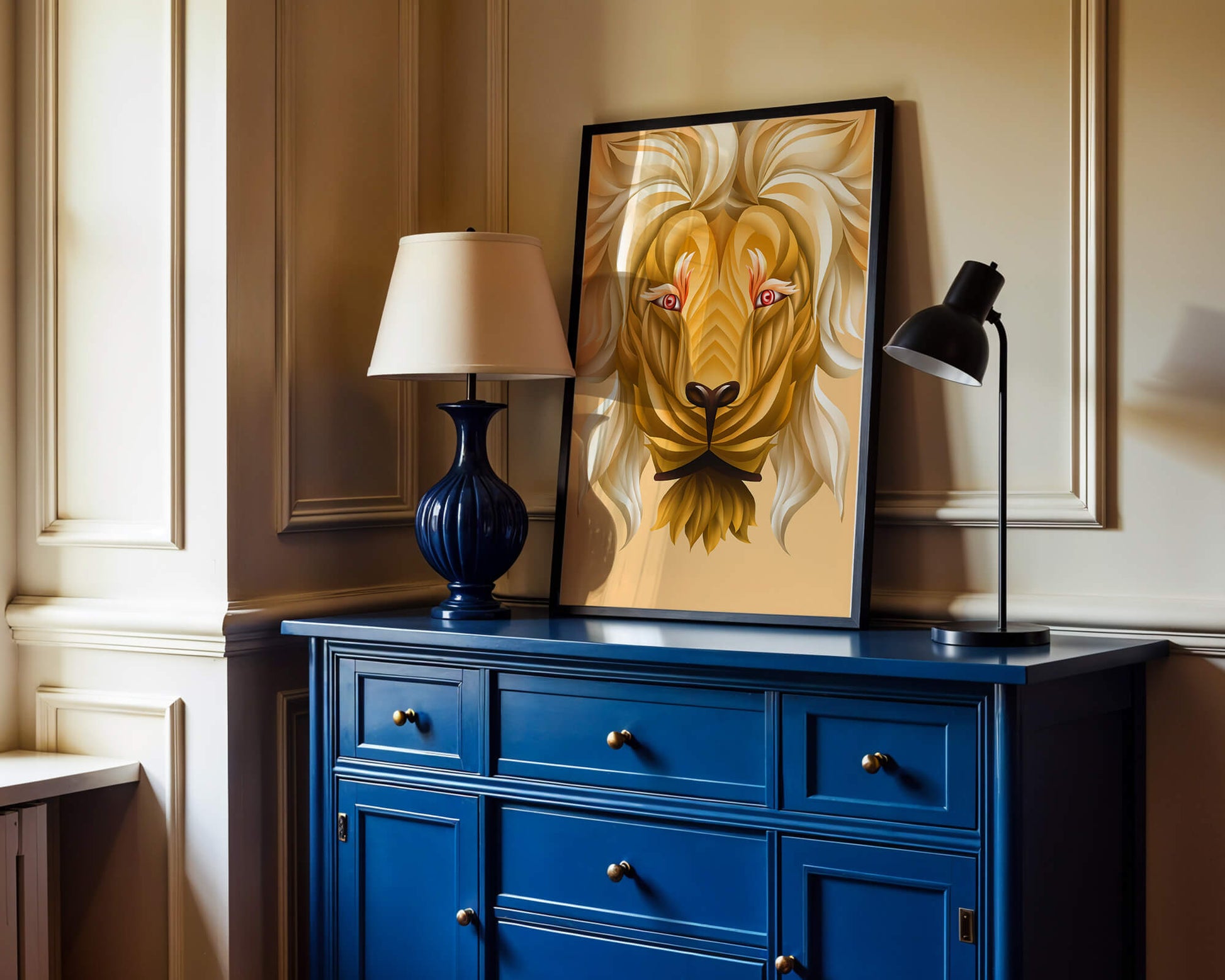 Lion Face with Intricate Golden Pattern and Flowing Mane