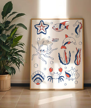 Colorful marine life illustration featuring sea creatures on a dark background