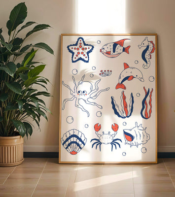 Colorful marine life illustration featuring sea creatures on a dark background