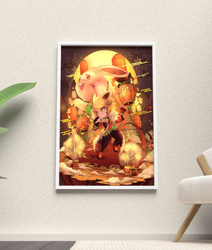 Fantasy scene with rabbit and character amid fireworks and lanterns