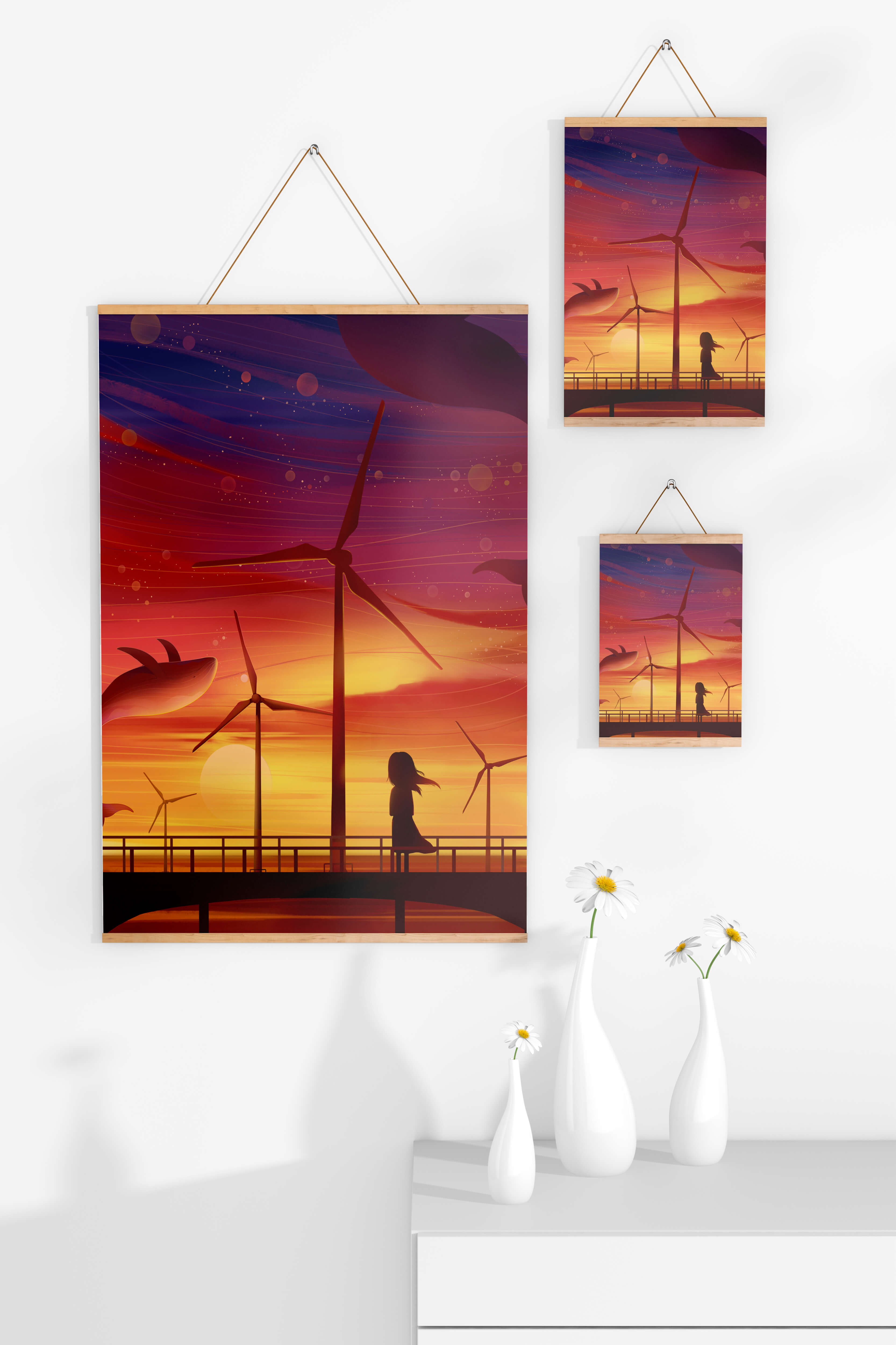 Enchanting sunset scene with wind turbines and silhouette of a girl