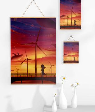 Enchanting sunset scene with wind turbines and silhouette of a girl