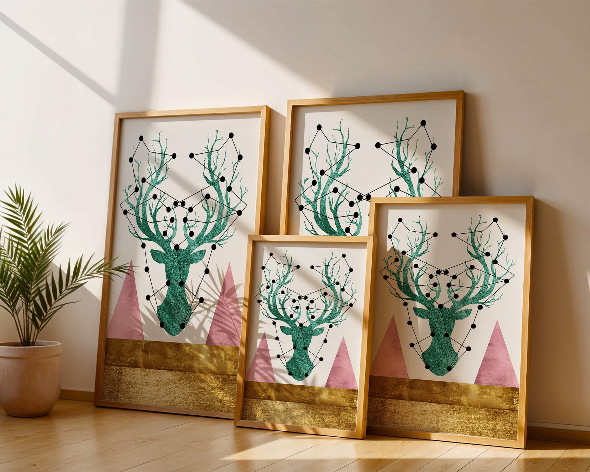 Geometric Deer with Abstract Elements and Gold Accents