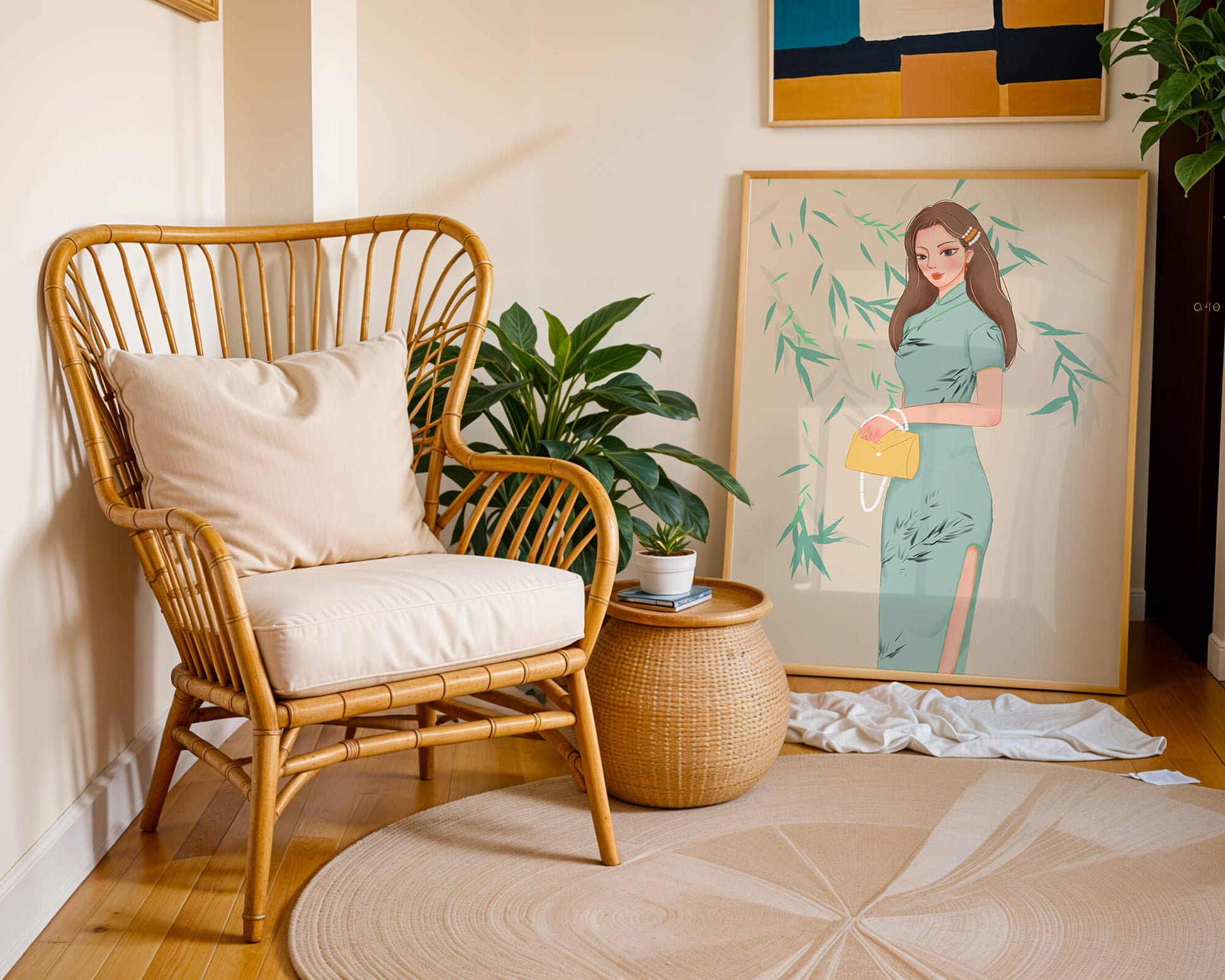 Mujer elegante con vestimenta tradicional sosteniendo un bolso amarillo con fondo de bambú