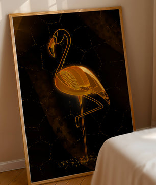 Elegant golden flamingo on abstract dark background