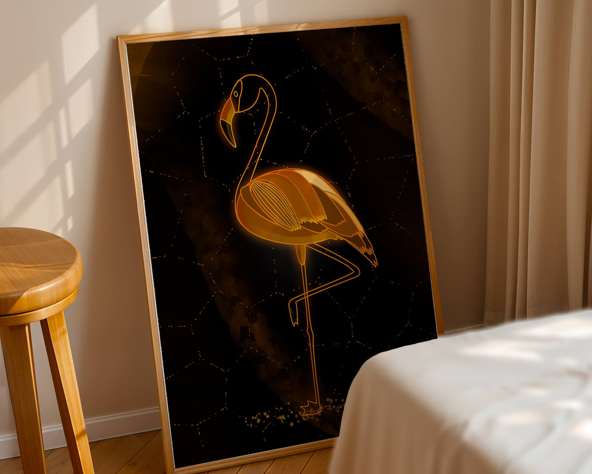 Elegant golden flamingo on abstract dark background