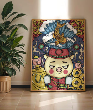 Colorful illustration featuring a whimsical pig and koi fish with decorative elements