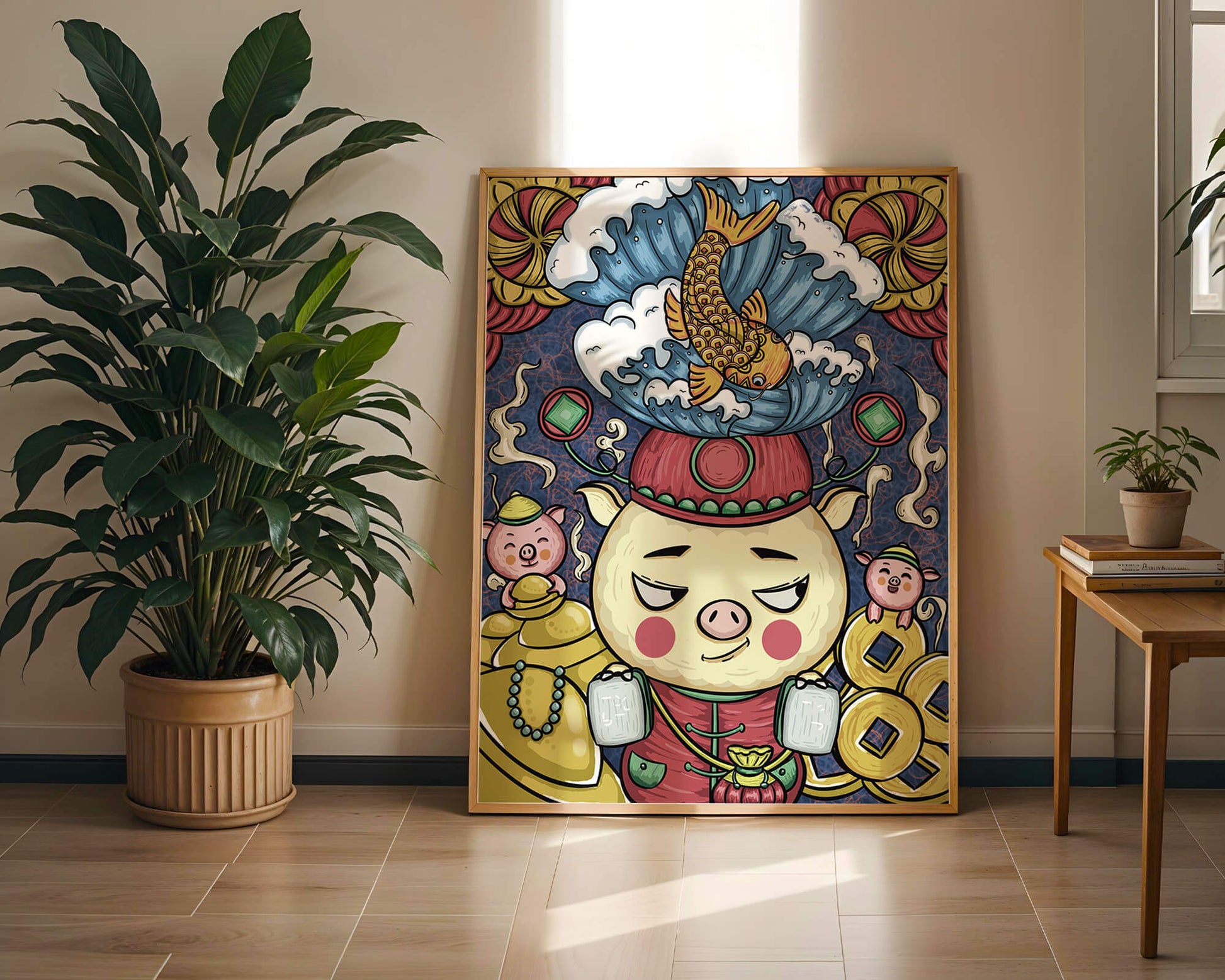 Colorful illustration featuring a whimsical pig and koi fish with decorative elements
