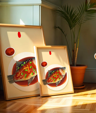 Illustration of a colorful fish dish with garnish