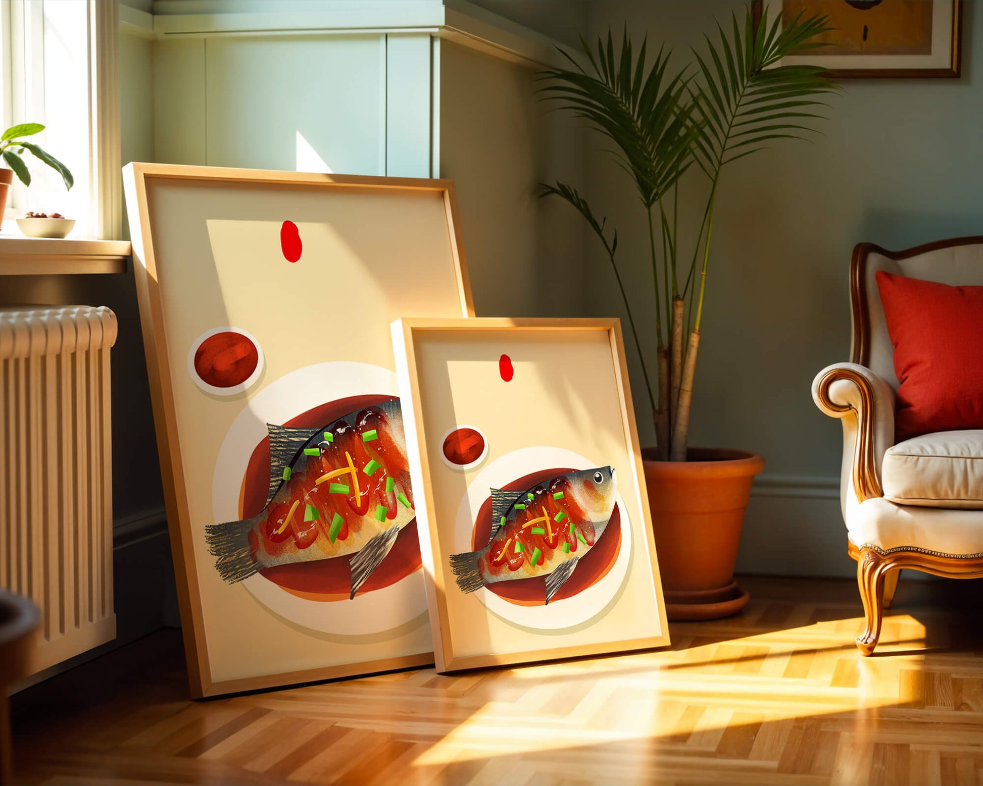 Illustration of a colorful fish dish with garnish