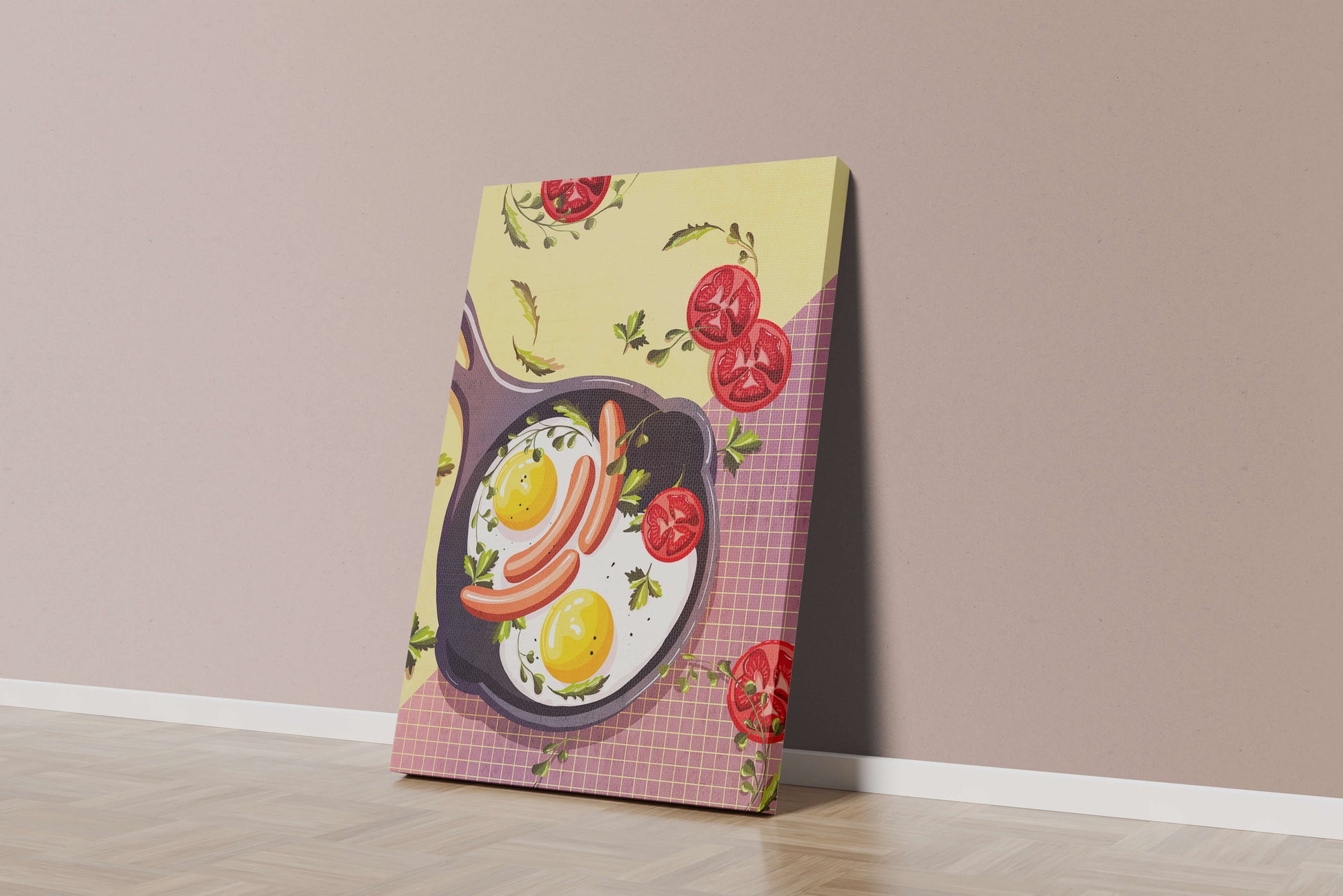 Fried Eggs and Sausages in Pan with Tomatoes and Herbs on Colorful Background