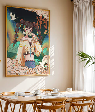 Anime girl with glasses surrounded by nature and cranes