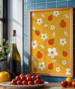 Playful floral and fruity pattern on a vibrant yellow background