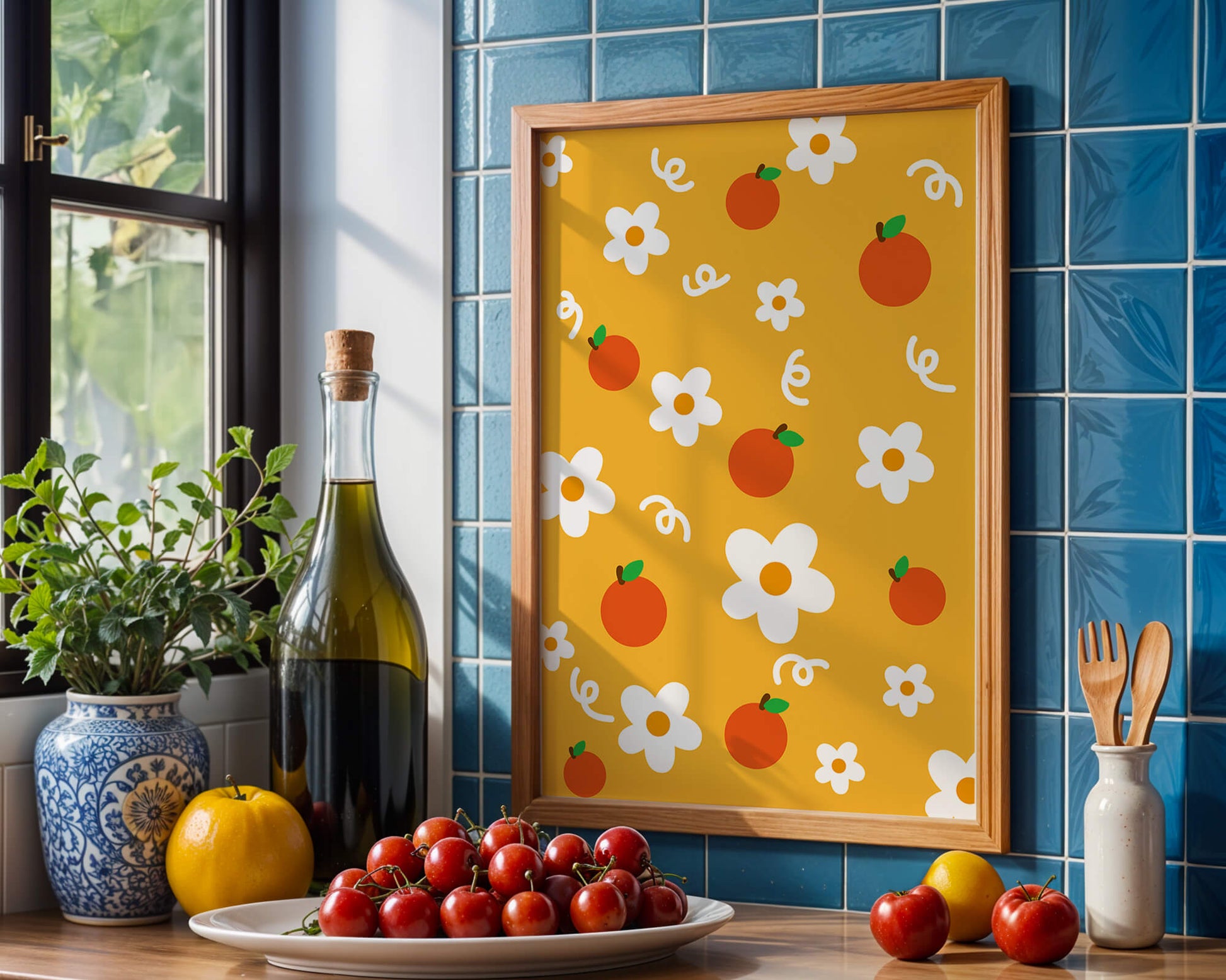 Playful floral and fruity pattern on a vibrant yellow background