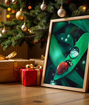 Ladybug on a Leaf with Dew Drops in a Vibrant Nature Scene - Mi tienda