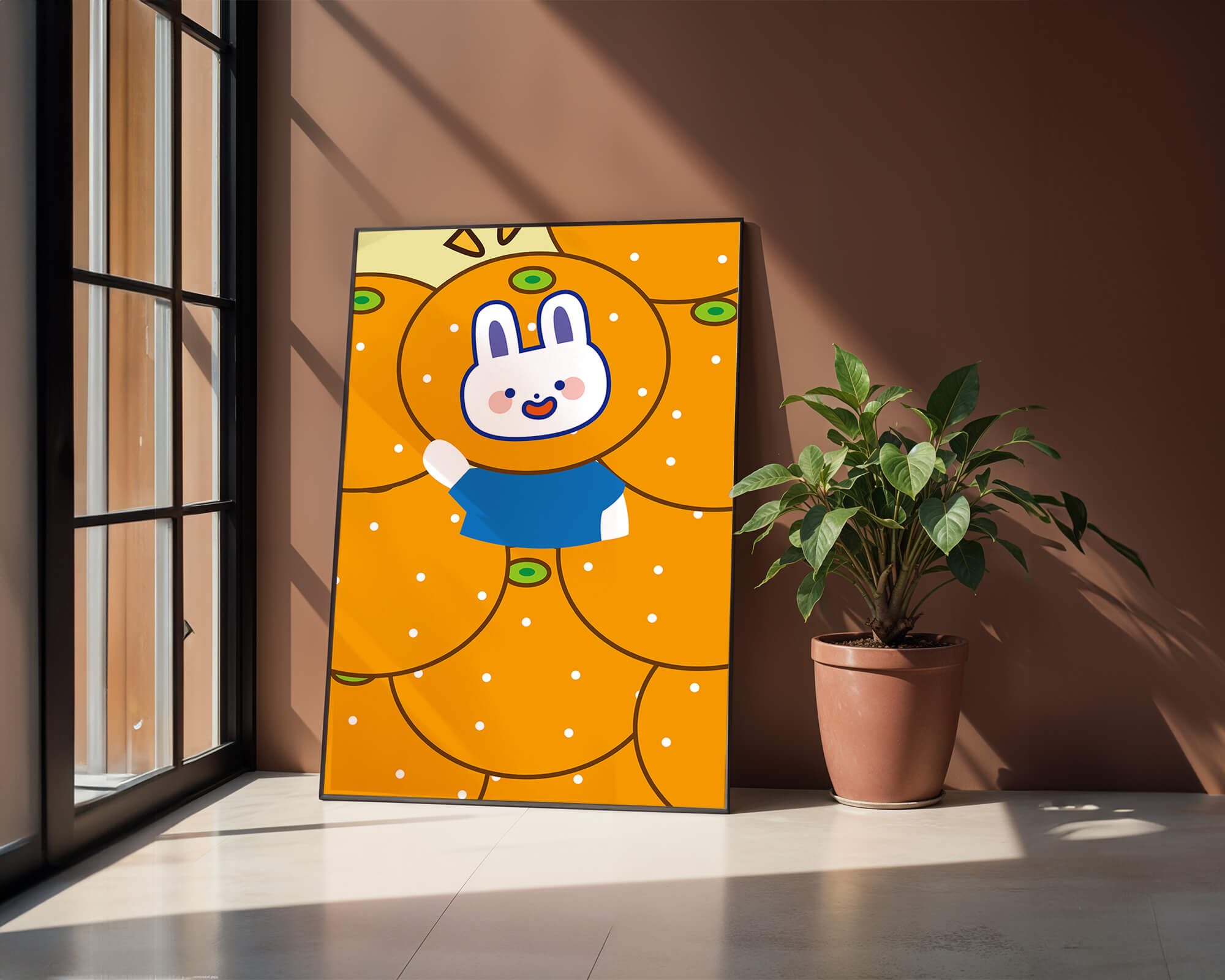 Whimsical illustration of a bunny surrounded by oranges