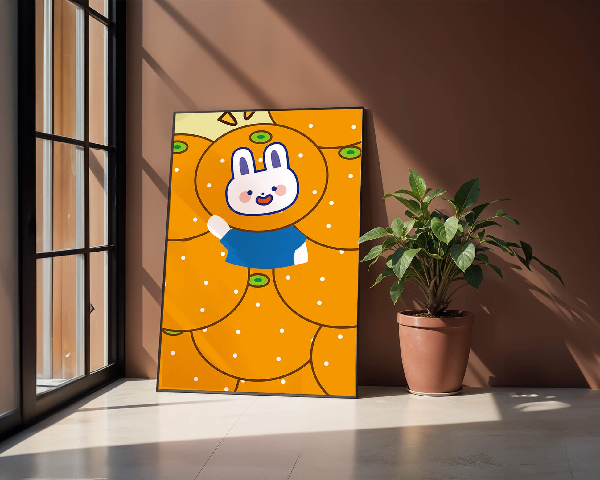 Whimsical illustration of a bunny surrounded by oranges