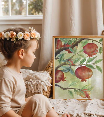 Watercolor illustration of pomegranates on a branch with leaves