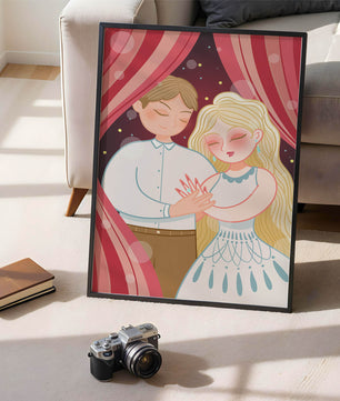 Pareja romántica bajo cortinas rojas con un tierno abrazo