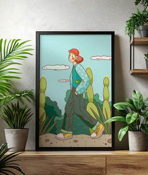 Person walking in desert landscape with cacti