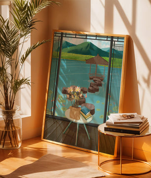 Scenic view from a room overlooking a tranquil water garden with stepping stones and mountains
