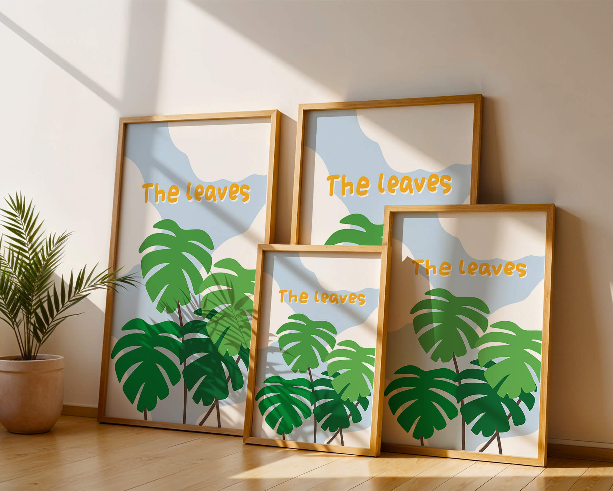 Illustrative tropical leaves with blue sky background for home decor