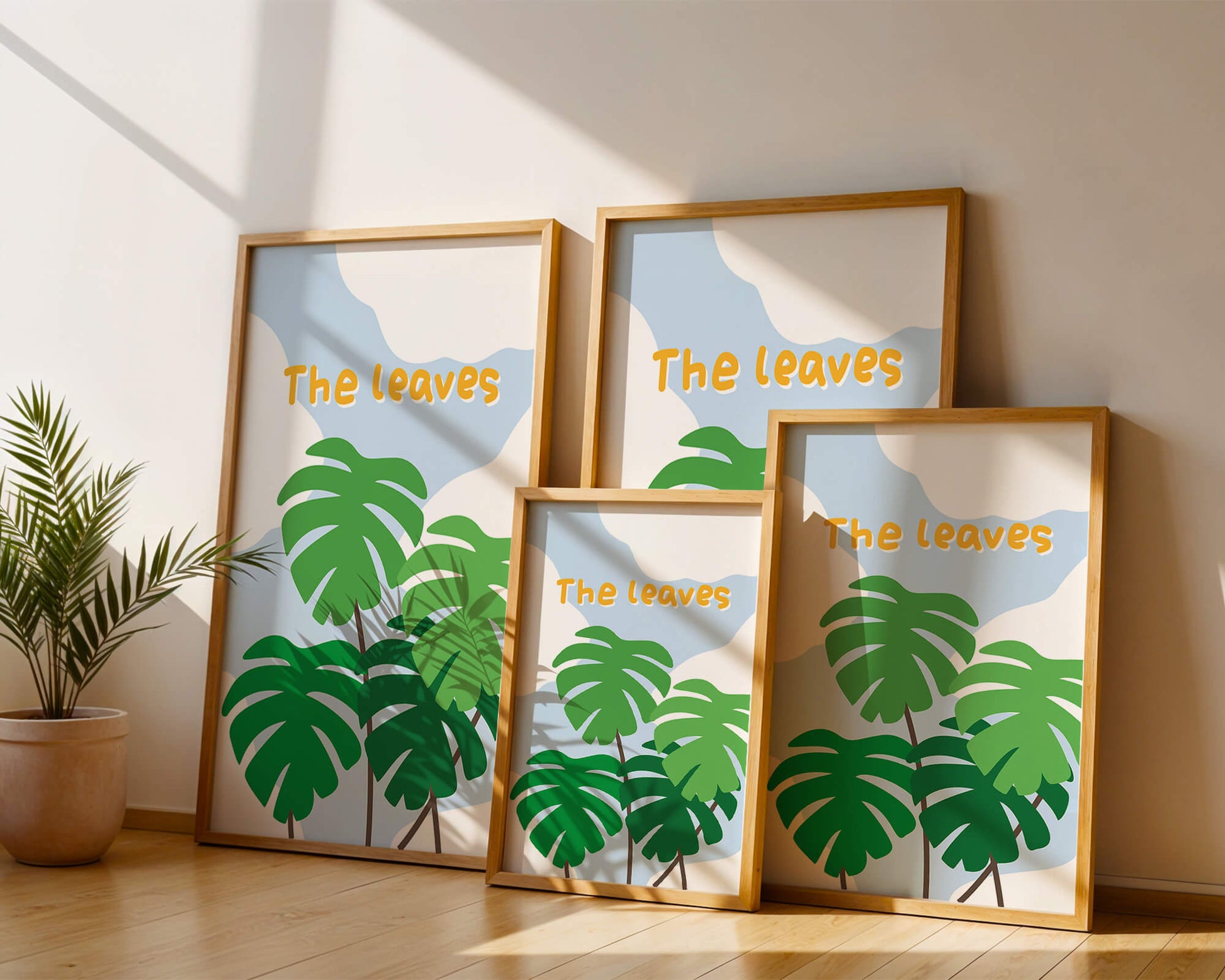 Illustrative tropical leaves with blue sky background for home decor