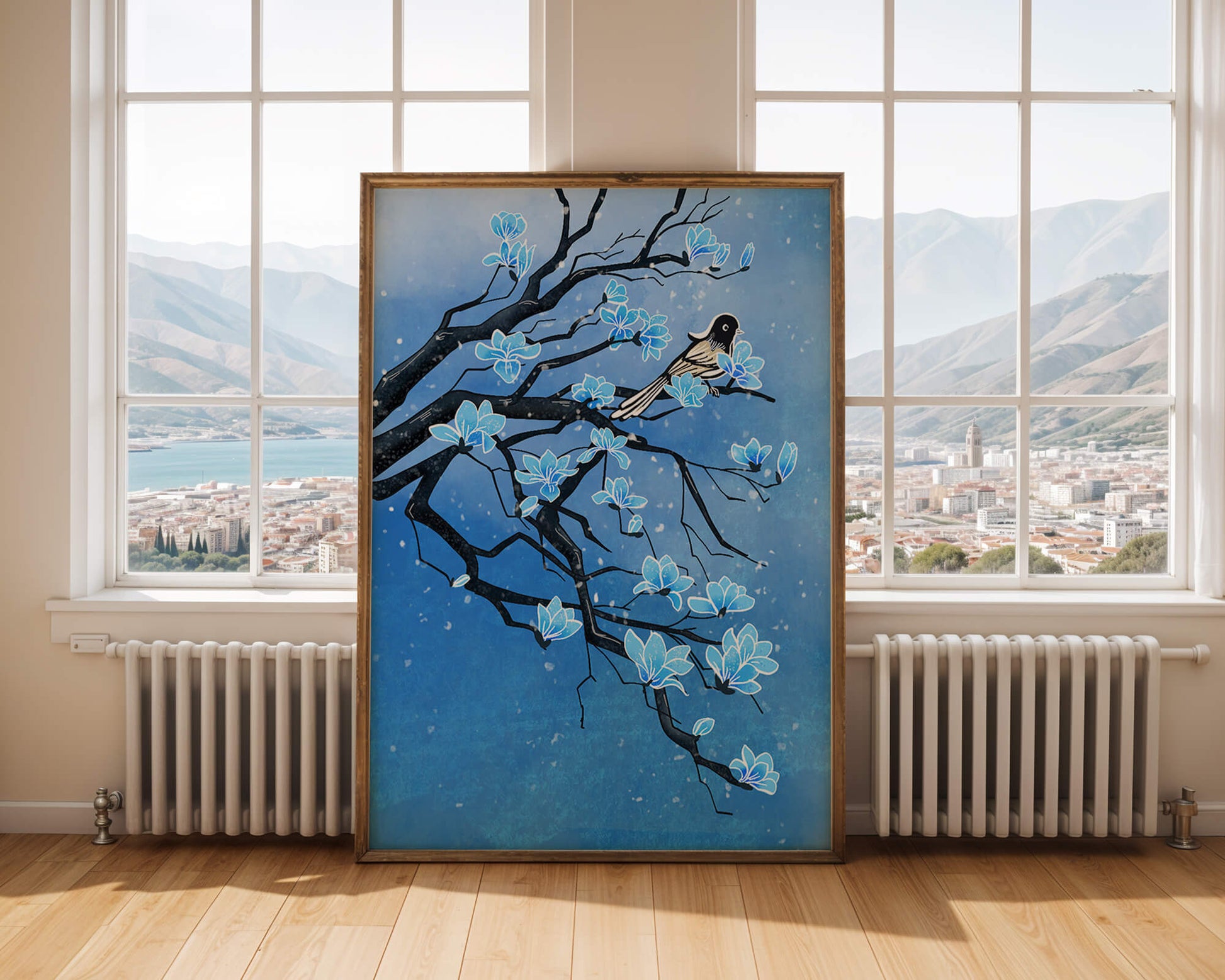 Bird on a branch with blue flowers against a snowy background