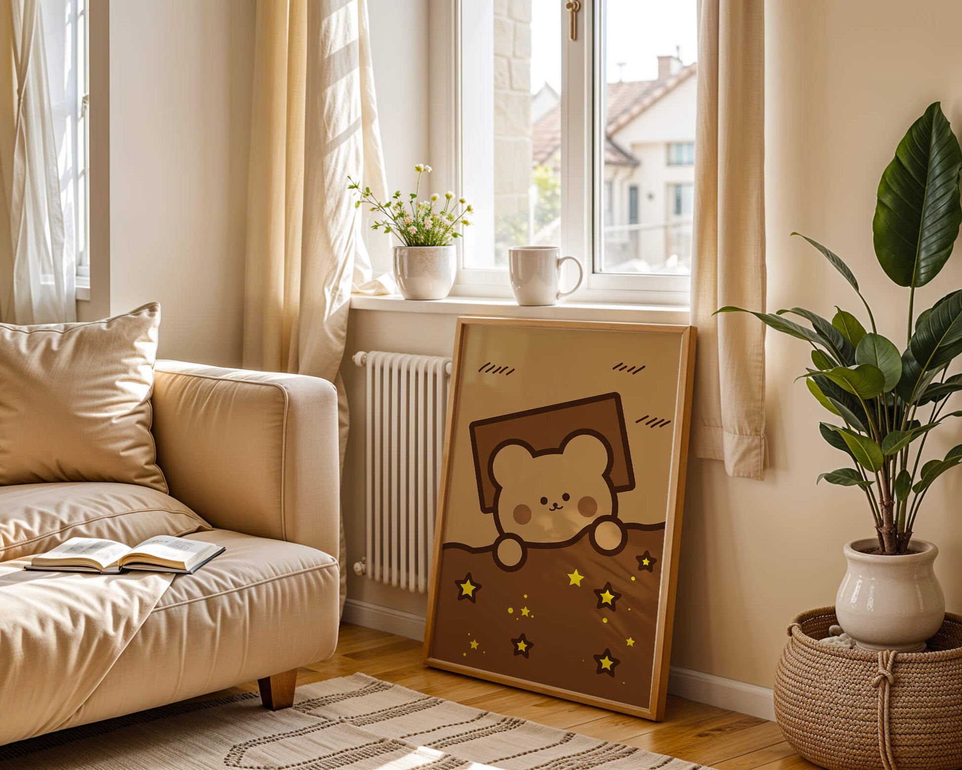 Adorable bear peeking out from a blanket with stars illustration