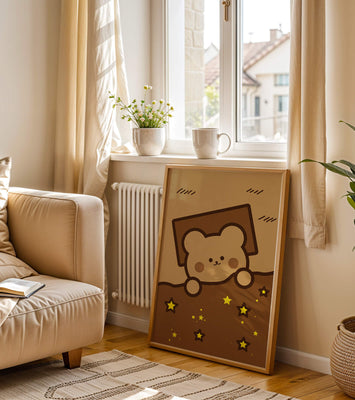 Adorable bear peeking out from a blanket with stars illustration