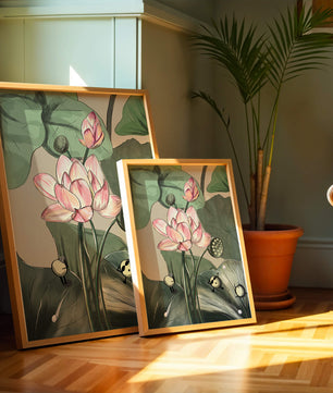 Illustrated lotus with playful cartoon bees in a serene garden