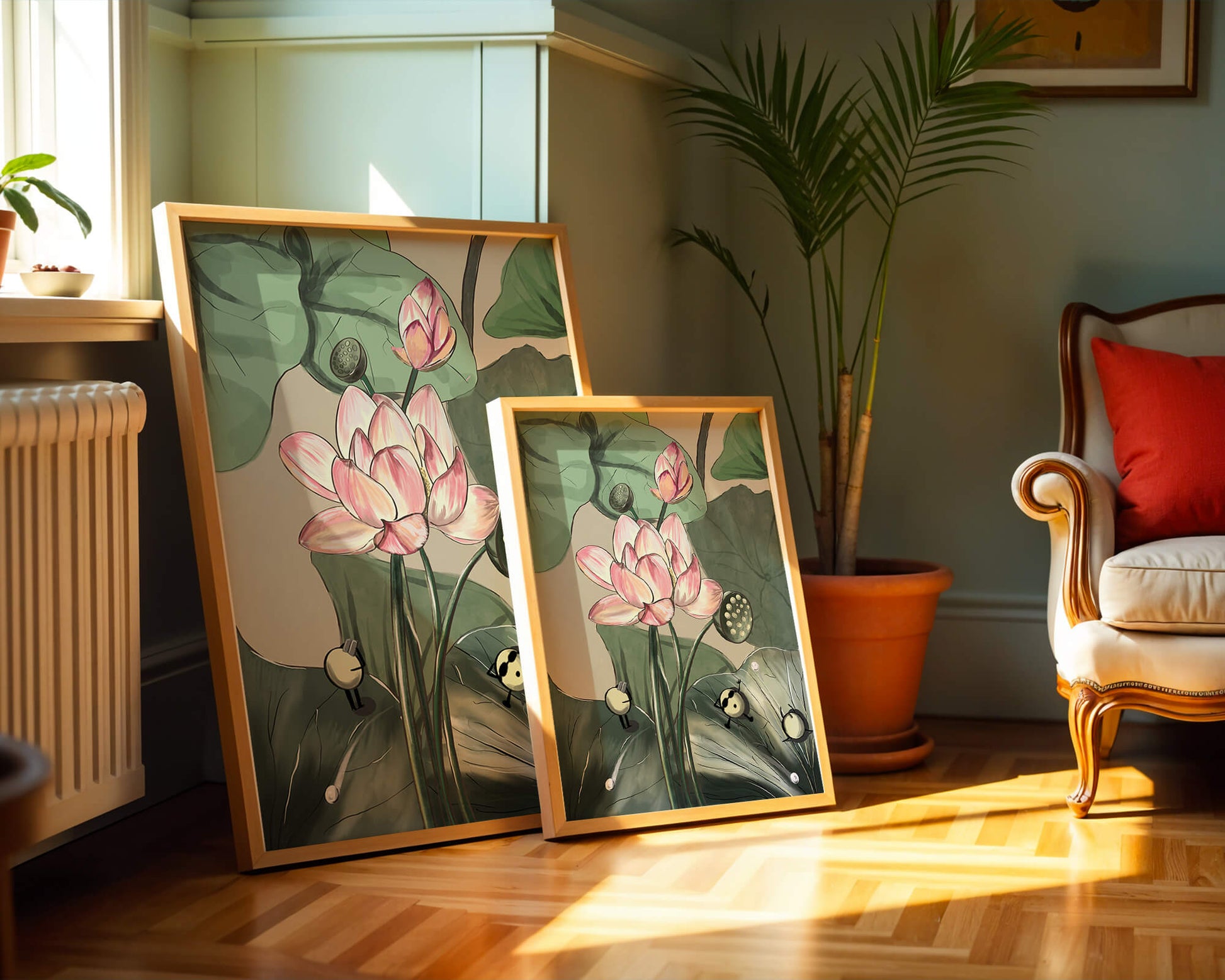 Illustrated lotus with playful cartoon bees in a serene garden