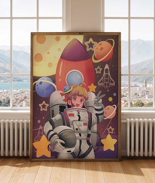 Ilustración de una chica astronauta con temática espacial