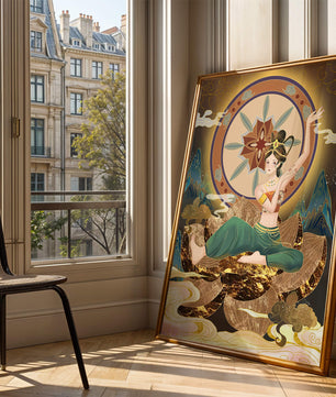 Elegant illustration of a serene woman in traditional clothing with a golden backdrop