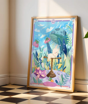 Skurrile Waage-Sternzeichen-Illustration mit Fantasy-Wald-Elementen
