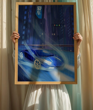 Futuristisches blaues Auto rast durch neonbeleuchtete, verregnete Stadtlandschaft