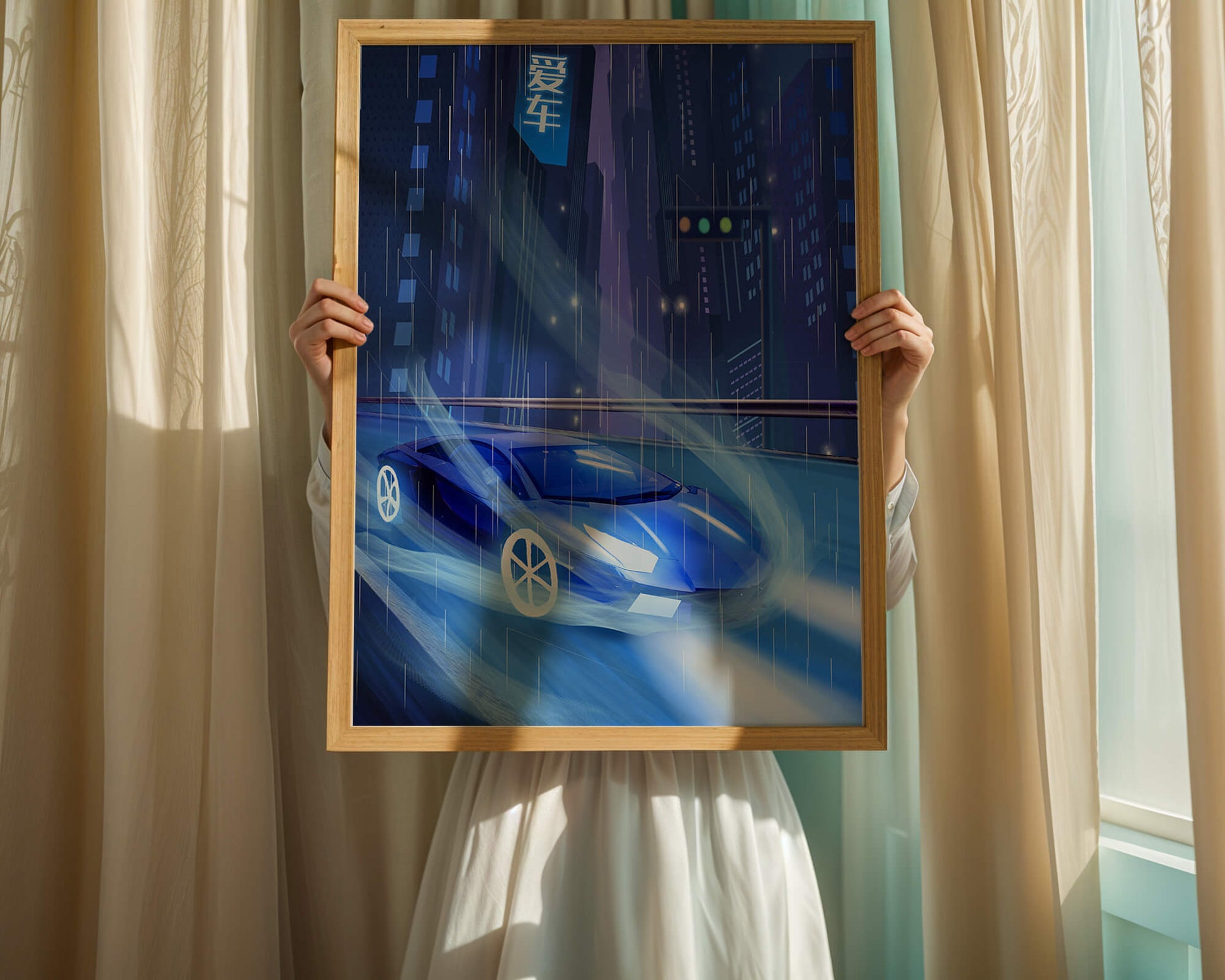 Futuristic blue car speeding through neon-lit rainy cityscape