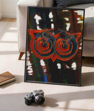 Abstract artwork featuring colorful geometric owl design