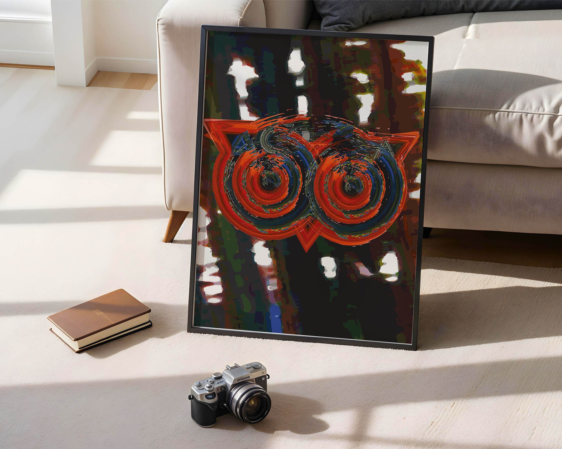 Abstract artwork featuring colorful geometric owl design