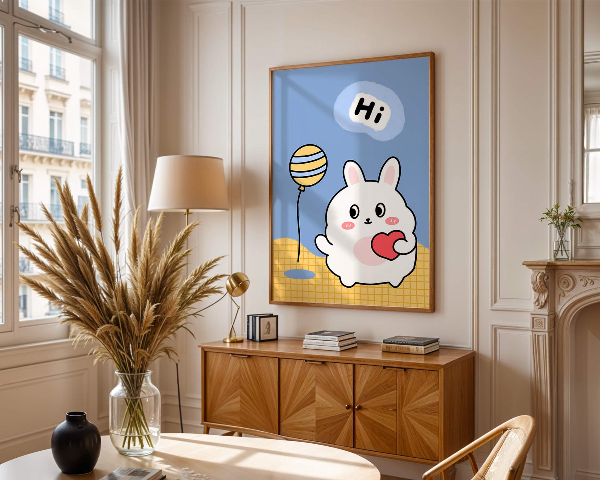 Adorable cartoon bunny with balloon and heart illustration