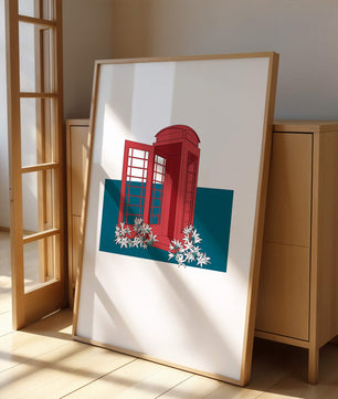 A Pink Phone Booth Surrounded by Flowers on a Teal Background