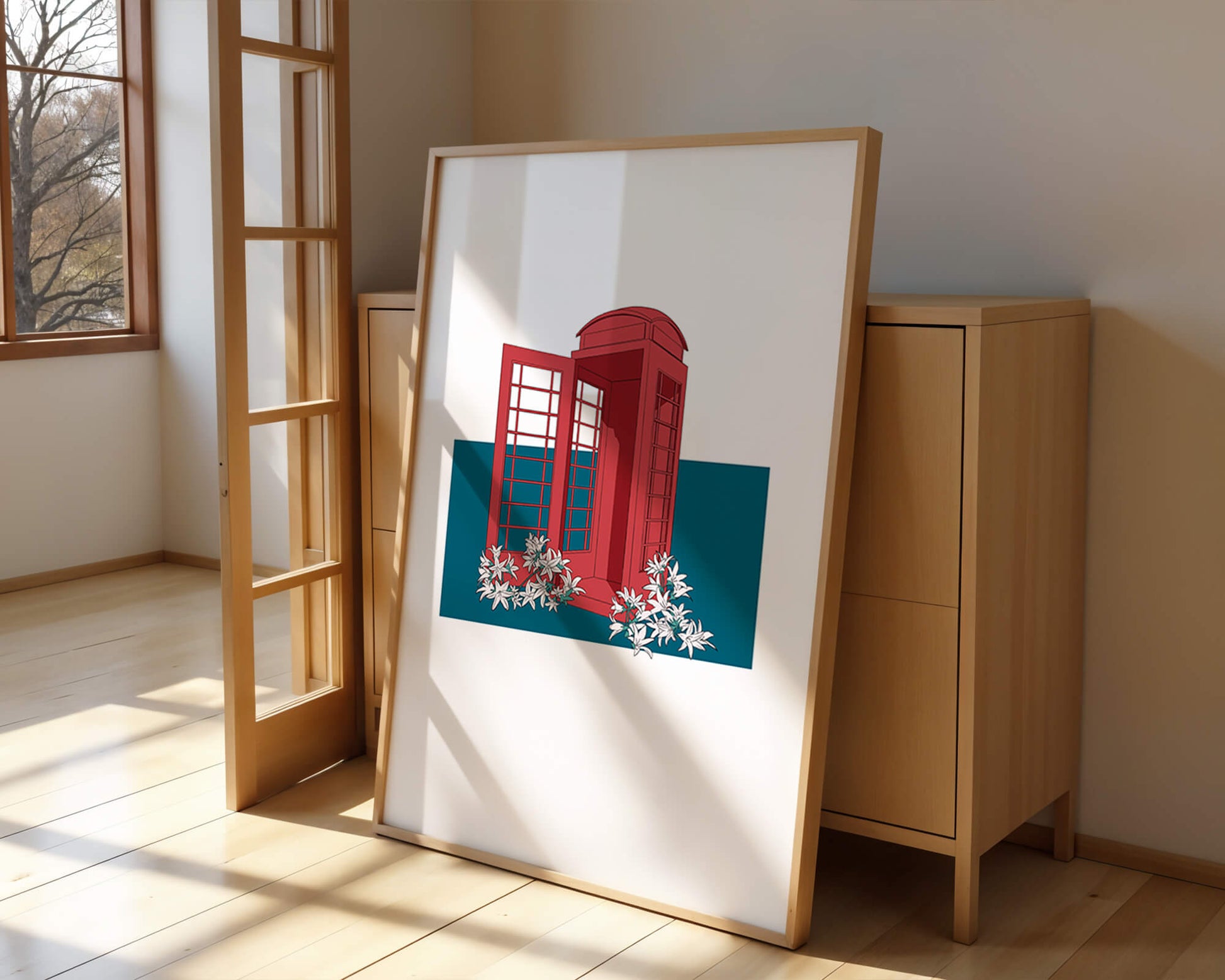 A Pink Phone Booth Surrounded by Flowers on a Teal Background