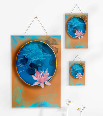 Abstract water lily art with gold accents on blue and orange background